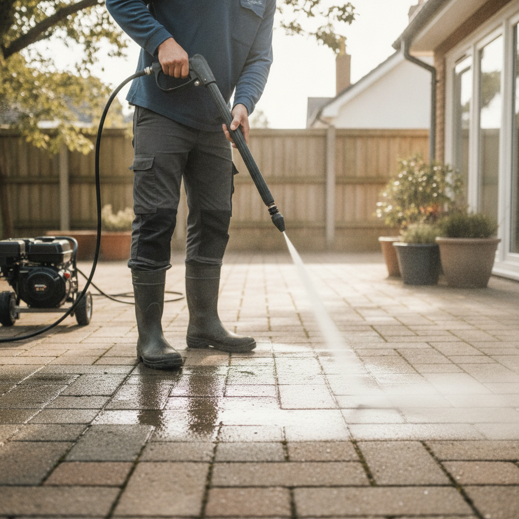 Patio Pressure Washing no peoples faces only neck to toes allowed